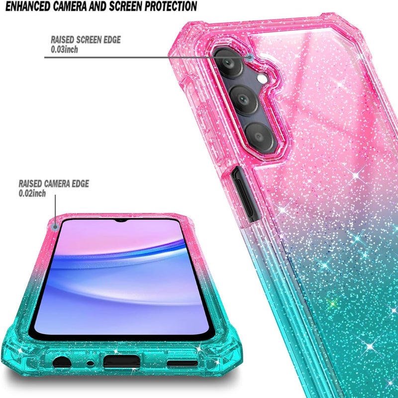 WDHD Compatible with Samsung Galaxy A15-5G Phone Case Glitter Pink/Aqua | Full-Body Protective Shockproof Bumper Cover with Tempered Glass Screen Protector, 12FT Military Grade Drop Tested - Image 2